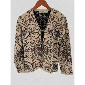 PERUVIAN 100% ALPACE Knitted Cardigan Embroidered Metal Clasp Beige Scroll Desig